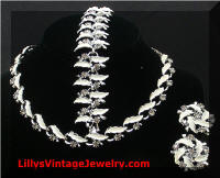 Vintage Park Lane White Leaves Black Diamond Rhinestones Parure