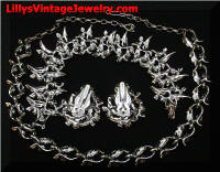 Vintage Park Lane White Leaves Black Diamond Rhinestones Parure