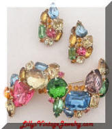 Vintage Pastel Rhinestones Chunky Brooch Earrings Set