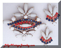Vintage Patriotic Red White Blue Rhinestones Brooch Earrings Demi Set