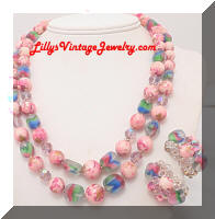Vintage Swirl Pink Crystals Frosted Colored Glass Beads Necklace Earrings Set