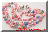 Vintage Swirl Pink Crystals Frosted Colored Glass Beads Necklace Earrings Set
