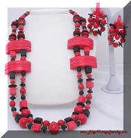 Funky Chunky Red Black Wood Beads Necklace Earrings Demi