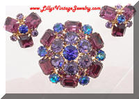 Vintage WEISS Purple Blue Rhinestones Brooch Earrings Set
