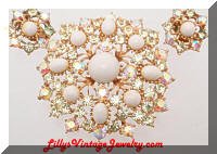 Vintage WEISS AB Jonquil Rhinestones White Cabs Brooch Earrings Set