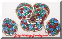 Vintage WEISS Multi Colored Rhinestones Pansy Brooch Earrings Set
