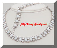 Rhinestones white milk glass necklace and bracelet set