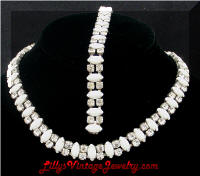 white milk glass rhinestones necklace and bracelet set