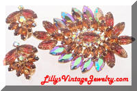 AB Topaz Rhinestones Art Glass Leaves Brooch Earrings Set