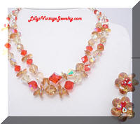 Vintage Amber Yellow Orange AB Crystals Beads Necklace Earrings Set