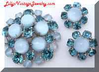 Vintage Blue Rhinestones Moonstone Cabochons Brooch Earrings Set