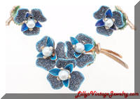 Sugar Coated Blue Enamel faux Pearls Brooch Earrings Set