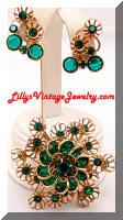 Vintage Green Rhinestones Floral Brooch Earrings Set