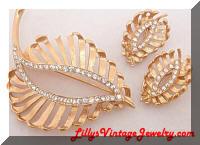 Vintage Golden Rhinestones Leaves Brooch Earrings Set
