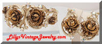 Vintage Goldtone Roses AB Rhinestones Clamper Bracelet & Earrings Set