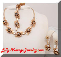 Vintage Golden Roses Rhinestones Necklace Bracelet Earrings Set