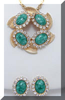 Vintage Green Art Glass Rhinestones Pendant Necklace Earrings SET