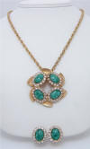 Vintage Green Art Glass Rhinestones Pendant Necklace Earrings SET