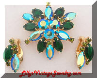 Vintage Green AB Rhinestones Brooch and Earrings Set