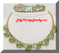 Vintage Peridot Green Rhinestones Necklace Bracelet Set