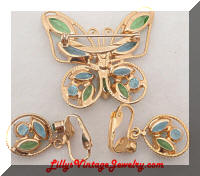 Vintage Blue Green Rhinestones Butterfly Brooch Earrings Set