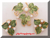Enamel white beads Leaf Brooch Earrings Set