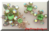 Vintage Peridot Givre green brooch earrings set