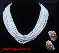 Vintage Multi-Strand Milk Glass Beads Necklace Earrings Demi