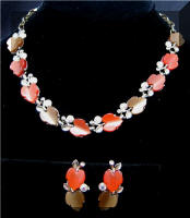 Vintage Orange Lucite AB Rhinestones Necklace Earring set