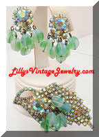 Vintage Art Glass Green Peridot AB Rhinestones Brooch Earrings Set