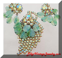 Vintage Art Glass Green Peridot AB Rhinestones Brooch Earrings Set