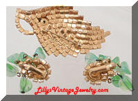 Vintage Art Glass Green Peridot AB Rhinestones Brooch Earrings Set