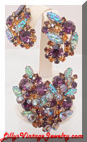 Vintage Purple Topaz Art Glass Iridescent Dangle Beads Brooch Earrings Set