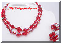 Vintage AB Red Hot Crystals Beads Necklace and Earrings Set