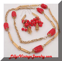 Golden Links Red Beads Necklace Dangle Earrings Set