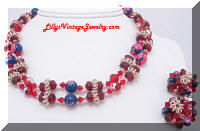 Vintage Red Blue Pink Beads Necklace and Earrings Set