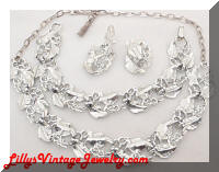 Vintage Black Enamel Leaves Silver Necklace Bracelet Earrings Parure