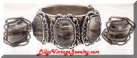 Vintage Silver tone Stripped Cabs Hinged Bracelet Earrings Set