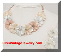 Vintage Tri-Color Flowers Necklace Earrings Set