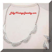 Silver tone Filigree Necklace Earrings Set