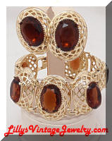Golden Domed Topaz Rhinestones Chunky Bracelet Earrings Set