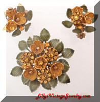 Vintage Enamel Topaz Rhinestones 3D Floral Brooch Earrings Set