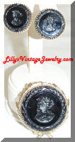 WHITING and DAVIS Black Intaglio Brooch Earrings Set