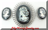 WHITING & DAVIS MOP Cameo Brooch Earrings Set